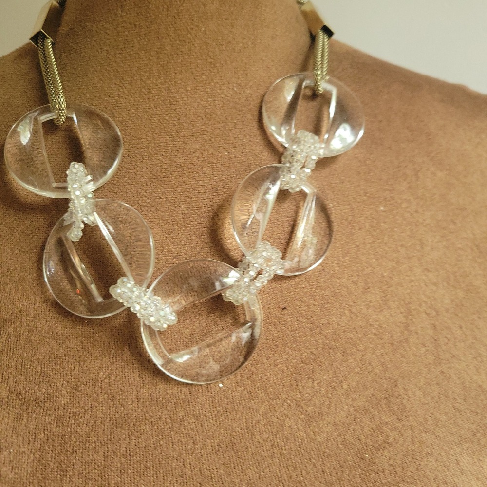 Talbots Gold Tone Clear Acrylic Link Statement Necklace One Size